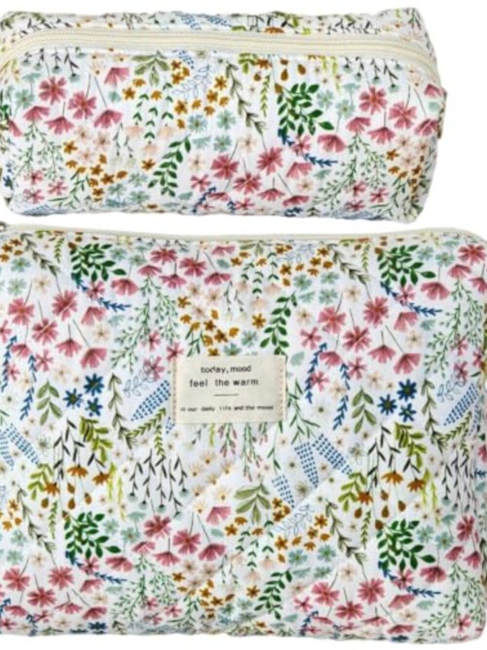 2 Pack Quilted Floral Cotton Makeup Bags Large Cosmetic Organizer Travel